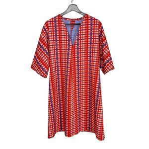 Vintage 70s Multicolor Stripe Plaid V Neck Half Sleeve A Line Dress Large